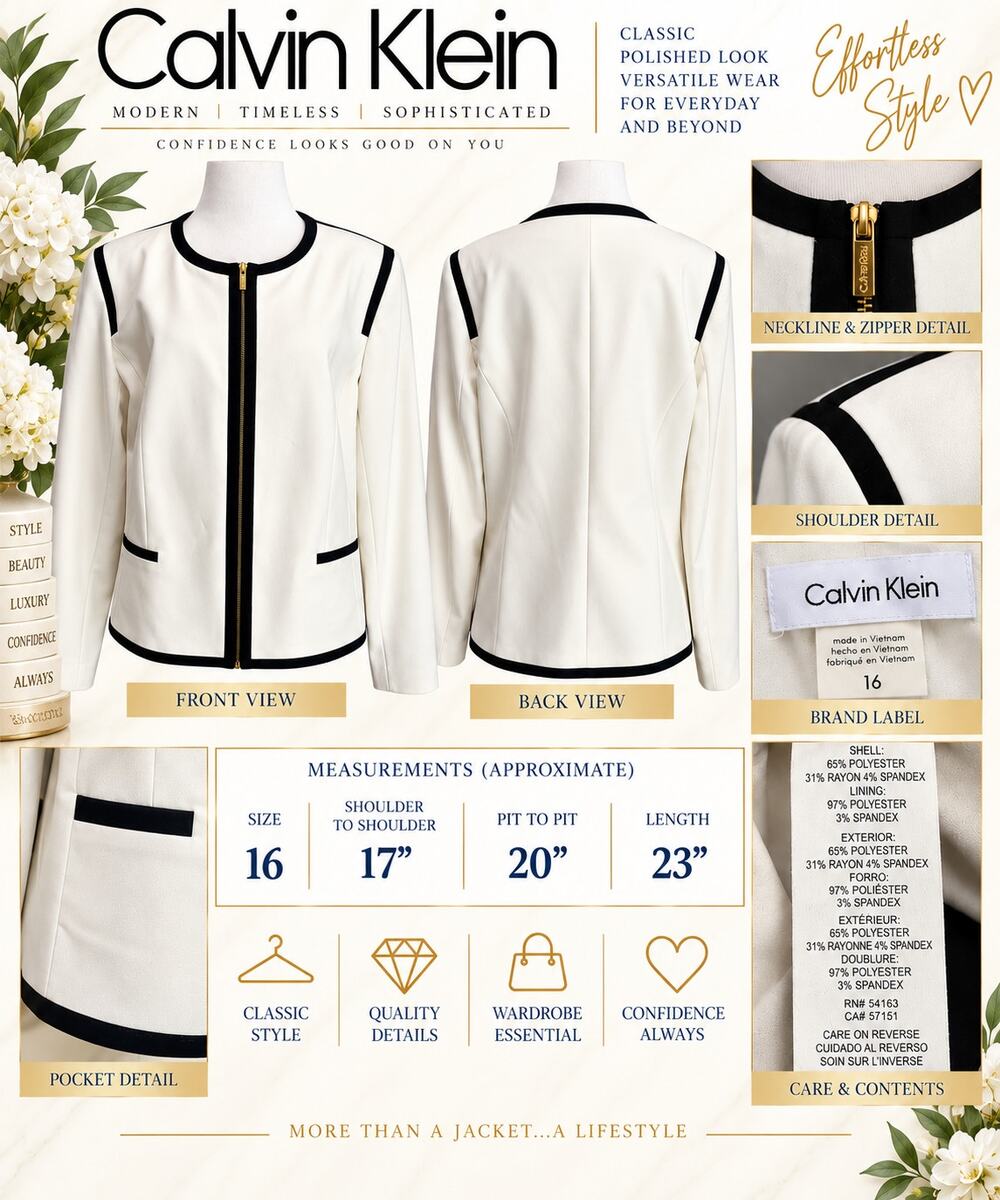 Calvin Klein Cream with Black Contrast Suit Jacket with Zipper